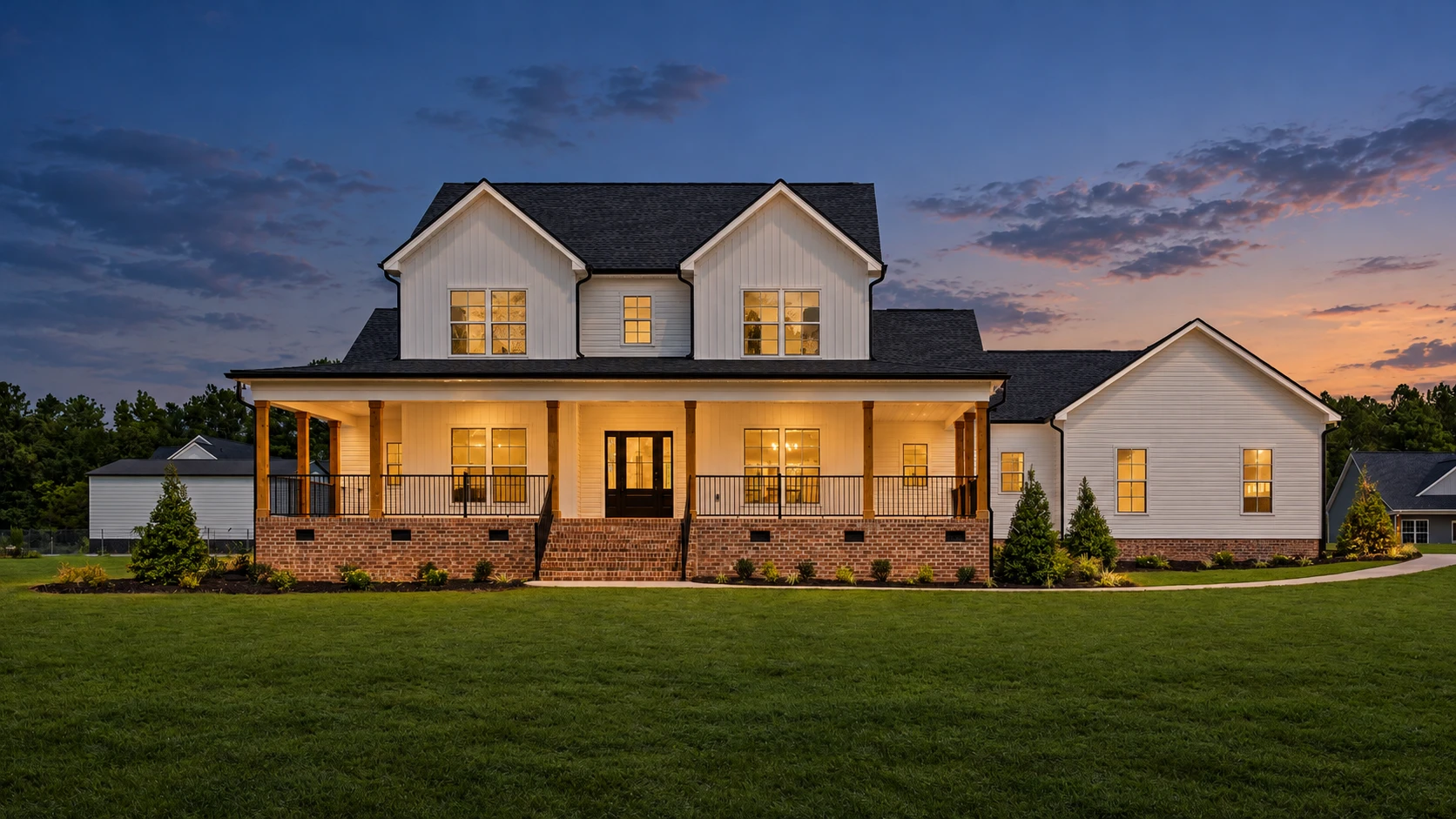 a completed home at twilight